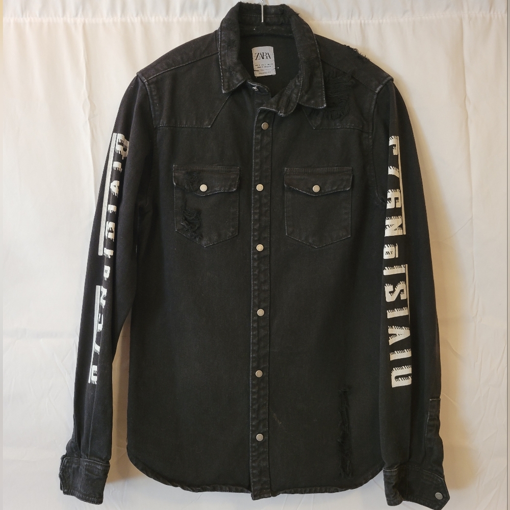 ZARA Distressed Denim Overshirt with Text
